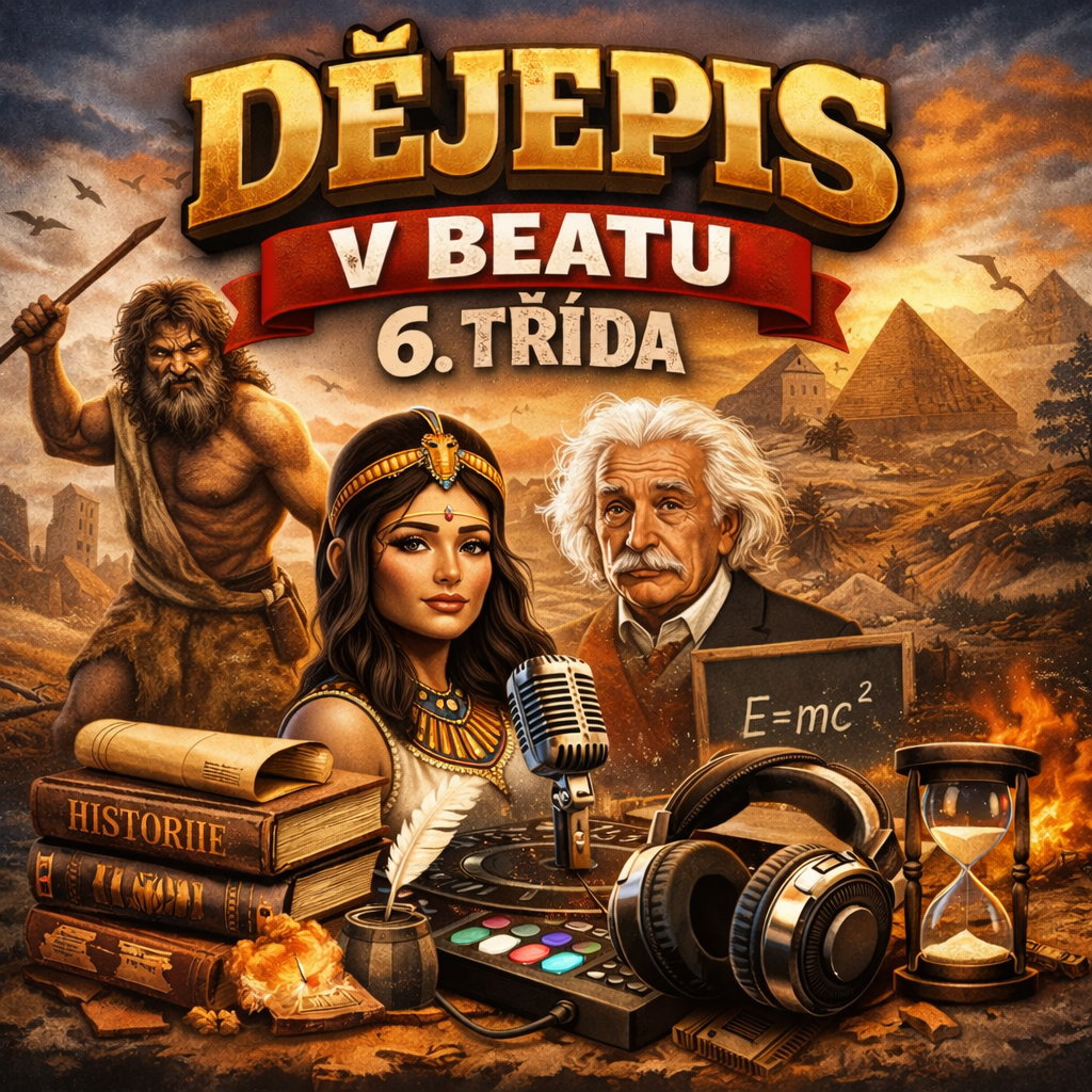 Cover alba Dějepis v Beatu, 6. třída, historické postavy, mikrofon, sluchátka a časová krajina.